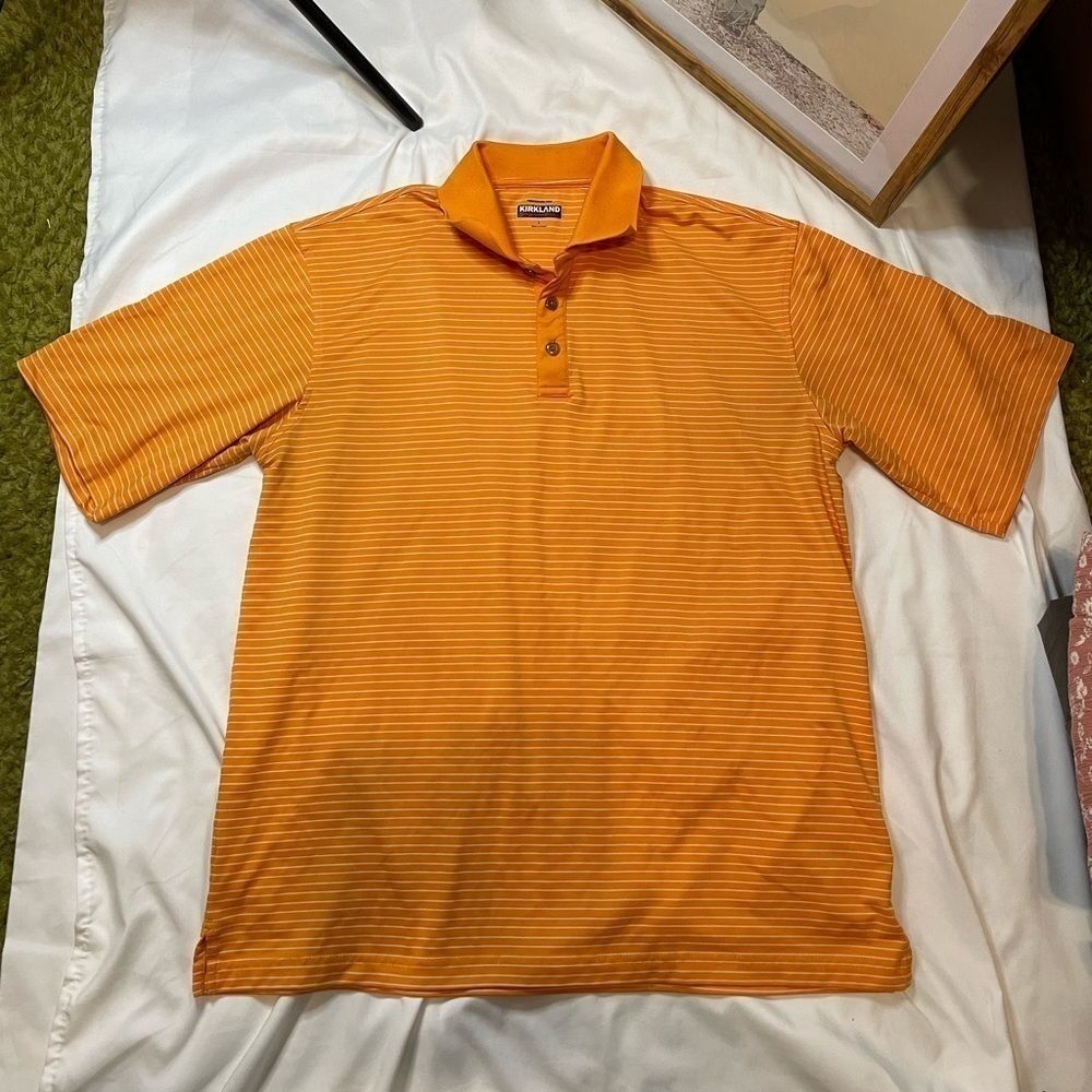 Men’s Kirkland size large orange striped polo shirt